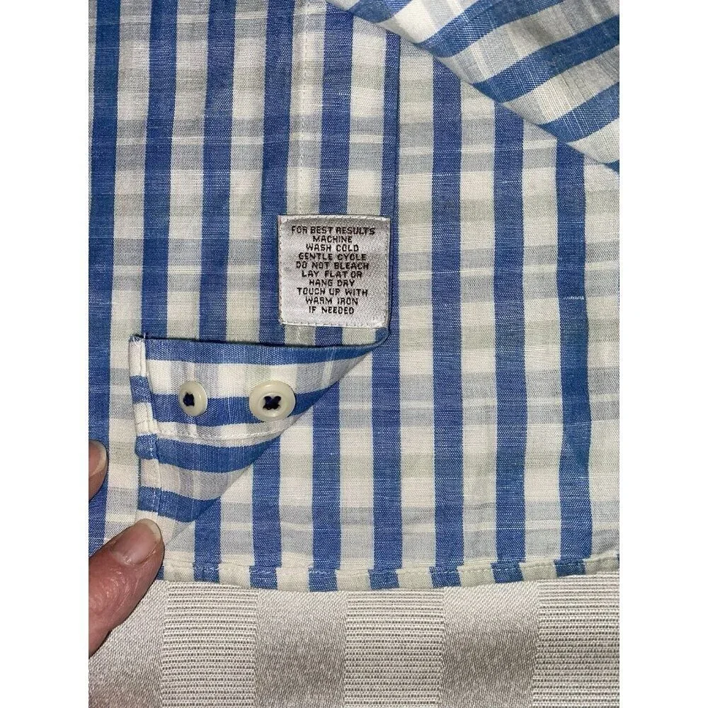 PETER MILLAR Cotton & Linen Blue Plaid Long Sleeve Casual Shirt XL EUC